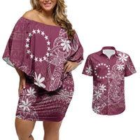 Maroon Kuki Airani Tapakau Couples Matching Off Shoulder Short Dress and Hawaiian Shirt Tribal Anchor Mix Tiare LT7 Maroon - Polynesian Pride