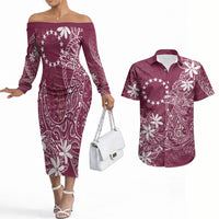 Maroon Kuki Airani Tapakau Couples Matching Off The Shoulder Long Sleeve Dress and Hawaiian Shirt Tribal Anchor Mix Tiare LT7 Maroon - Polynesian Pride