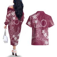 Maroon Kuki Airani Tapakau Couples Matching Off The Shoulder Long Sleeve Dress and Hawaiian Shirt Tribal Anchor Mix Tiare