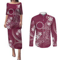 Maroon Kuki Airani Tapakau Couples Matching Puletasi and Long Sleeve Button Shirt Tribal Anchor Mix Tiare