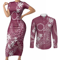 Maroon Kuki Airani Tapakau Couples Matching Short Sleeve Bodycon Dress and Long Sleeve Button Shirt Tribal Anchor Mix Tiare LT7 Maroon - Polynesian Pride