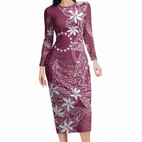 Maroon Kuki Airani Tapakau Long Sleeve Bodycon Dress Tribal Anchor Mix Tiare LT7 Long Dress Maroon - Polynesian Pride