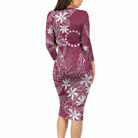 Maroon Kuki Airani Tapakau Long Sleeve Bodycon Dress Tribal Anchor Mix Tiare LT7 - Polynesian Pride