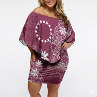 Maroon Kuki Airani Tapakau Off Shoulder Short Dress Tribal Anchor Mix Tiare LT7 Women Maroon - Polynesian Pride