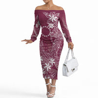 Maroon Kuki Airani Tapakau Off The Shoulder Long Sleeve Dress Tribal Anchor Mix Tiare LT7 Women Maroon - Polynesian Pride