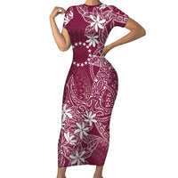 Maroon Kuki Airani Tapakau Short Sleeve Bodycon Dress Tribal Anchor Mix Tiare LT7 Long Dress Maroon - Polynesian Pride