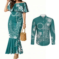 Teal Kuki Airani Tapakau Couples Matching Mermaid Dress and Long Sleeve Button Shirt Tribal Anchor Mix Tiare LT7 Teal - Polynesian Pride