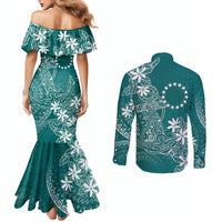 Teal Kuki Airani Tapakau Couples Matching Mermaid Dress and Long Sleeve Button Shirt Tribal Anchor Mix Tiare LT7 - Polynesian Pride
