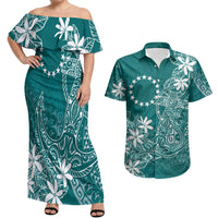 Teal Kuki Airani Tapakau Couples Matching Off Shoulder Maxi Dress and Hawaiian Shirt Tribal Anchor Mix Tiare LT7 Teal - Polynesian Pride