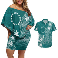 Teal Kuki Airani Tapakau Couples Matching Off Shoulder Short Dress and Hawaiian Shirt Tribal Anchor Mix Tiare LT7 Teal - Polynesian Pride