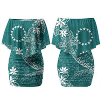Teal Kuki Airani Tapakau Couples Matching Off Shoulder Short Dress and Hawaiian Shirt Tribal Anchor Mix Tiare LT7 - Polynesian Pride