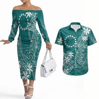 Teal Kuki Airani Tapakau Couples Matching Off The Shoulder Long Sleeve Dress and Hawaiian Shirt Tribal Anchor Mix Tiare LT7 Teal - Polynesian Pride