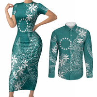 Teal Kuki Airani Tapakau Couples Matching Short Sleeve Bodycon Dress and Long Sleeve Button Shirt Tribal Anchor Mix Tiare LT7 Teal - Polynesian Pride