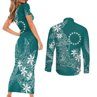 Teal Kuki Airani Tapakau Couples Matching Short Sleeve Bodycon Dress and Long Sleeve Button Shirt Tribal Anchor Mix Tiare LT7 - Polynesian Pride