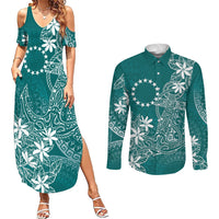 Teal Kuki Airani Tapakau Couples Matching Summer Maxi Dress and Long Sleeve Button Shirt Tribal Anchor Mix Tiare