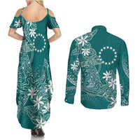 Teal Kuki Airani Tapakau Couples Matching Summer Maxi Dress and Long Sleeve Button Shirt Tribal Anchor Mix Tiare