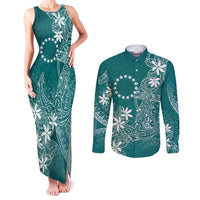 Teal Kuki Airani Tapakau Couples Matching Tank Maxi Dress and Long Sleeve Button Shirt Tribal Anchor Mix Tiare
