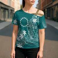 Teal Kuki Airani Tapakau Cross Shoulder Shirt Tribal Anchor Mix Tiare LT7 - Polynesian Pride