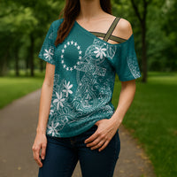 Teal Kuki Airani Tapakau Cross Shoulder Shirt Tribal Anchor Mix Tiare LT7 - Polynesian Pride