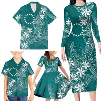 Teal Kuki Airani Tapakau Family Matching Long Sleeve Bodycon Dress and Hawaiian Shirt Tribal Anchor Mix Tiare LT7 - Polynesian Pride
