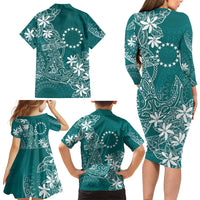 Teal Kuki Airani Tapakau Family Matching Long Sleeve Bodycon Dress and Hawaiian Shirt Tribal Anchor Mix Tiare