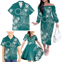 Teal Kuki Airani Tapakau Family Matching Off The Shoulder Long Sleeve Dress and Hawaiian Shirt Tribal Anchor Mix Tiare LT7 - Polynesian Pride