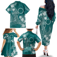 Teal Kuki Airani Tapakau Family Matching Off The Shoulder Long Sleeve Dress and Hawaiian Shirt Tribal Anchor Mix Tiare LT7 Mom's Dress Teal - Polynesian Pride
