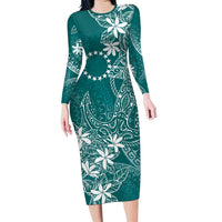 Teal Kuki Airani Tapakau Long Sleeve Bodycon Dress Tribal Anchor Mix Tiare LT7 Long Dress Teal - Polynesian Pride