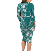Teal Kuki Airani Tapakau Long Sleeve Bodycon Dress Tribal Anchor Mix Tiare LT7 - Polynesian Pride