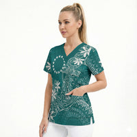 Teal Kuki Airani Tapakau Scrub Top Tribal Anchor Mix Tiare LT7 - Polynesian Pride