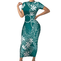 Teal Kuki Airani Tapakau Short Sleeve Bodycon Dress Tribal Anchor Mix Tiare LT7 Long Dress Teal - Polynesian Pride