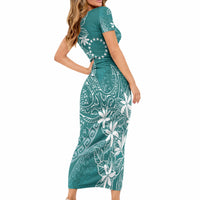 Teal Kuki Airani Tapakau Short Sleeve Bodycon Dress Tribal Anchor Mix Tiare LT7 - Polynesian Pride
