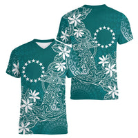 Teal Kuki Airani Tapakau Women V-Neck T-Shirt Tribal Anchor Mix Tiare