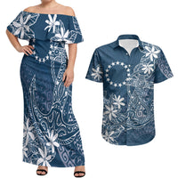 Navy Kuki Airani Tapakau Couples Matching Off Shoulder Maxi Dress and Hawaiian Shirt Tribal Anchor Mix Tiare LT7 Navy - Polynesian Pride