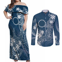 Navy Kuki Airani Tapakau Couples Matching Off Shoulder Maxi Dress and Long Sleeve Button Shirt Tribal Anchor Mix Tiare