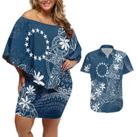 Navy Kuki Airani Tapakau Couples Matching Off Shoulder Short Dress and Hawaiian Shirt Tribal Anchor Mix Tiare LT7 Navy - Polynesian Pride