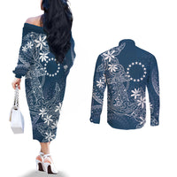 Navy Kuki Airani Tapakau Couples Matching Off The Shoulder Long Sleeve Dress and Long Sleeve Button Shirt Tribal Anchor Mix Tiare LT7 - Polynesian Pride