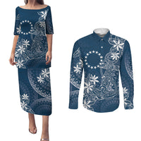 Navy Kuki Airani Tapakau Couples Matching Puletasi and Long Sleeve Button Shirt Tribal Anchor Mix Tiare LT7 Navy - Polynesian Pride