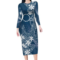 Navy Kuki Airani Tapakau Family Matching Long Sleeve Bodycon Dress and Hawaiian Shirt Tribal Anchor Mix Tiare