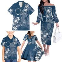 Navy Kuki Airani Tapakau Family Matching Off The Shoulder Long Sleeve Dress and Hawaiian Shirt Tribal Anchor Mix Tiare