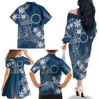 Navy Kuki Airani Tapakau Family Matching Off The Shoulder Long Sleeve Dress and Hawaiian Shirt Tribal Anchor Mix Tiare