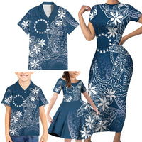 Navy Kuki Airani Tapakau Family Matching Short Sleeve Bodycon Dress and Hawaiian Shirt Tribal Anchor Mix Tiare