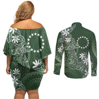 Sage Green Kuki Airani Tapakau Couples Matching Off Shoulder Short Dress and Long Sleeve Button Shirt Tribal Anchor Mix Tiare LT7 - Polynesian Pride