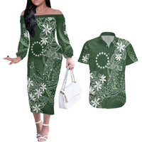 Sage Green Kuki Airani Tapakau Couples Matching Off The Shoulder Long Sleeve Dress and Hawaiian Shirt Tribal Anchor Mix Tiare LT7 Sage Green - Polynesian Pride