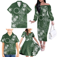 Sage Green Kuki Airani Tapakau Family Matching Off The Shoulder Long Sleeve Dress and Hawaiian Shirt Tribal Anchor Mix Tiare LT7 - Polynesian Pride