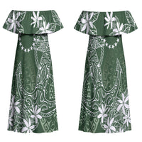 Sage Green Kuki Airani Tapakau Family Matching Off Shoulder Maxi Dress and Hawaiian Shirt Tribal Anchor Mix Tiare LT7 Mom's Dress Sage Green - Polynesian Pride
