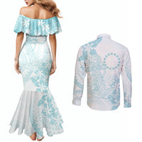 Turquoise Kuki Airani Tapakau Couples Matching Mermaid Dress and Long Sleeve Button Shirt Tribal Anchor Mix Tiare LT7 - Polynesian Pride