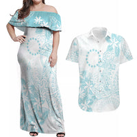 Turquoise Kuki Airani Tapakau Couples Matching Off Shoulder Maxi Dress and Hawaiian Shirt Tribal Anchor Mix Tiare LT7 Turquoise - Polynesian Pride