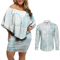 Turquoise Kuki Airani Tapakau Couples Matching Off Shoulder Short Dress and Long Sleeve Button Shirt Tribal Anchor Mix Tiare LT7 Turquoise - Polynesian Pride