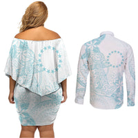 Turquoise Kuki Airani Tapakau Couples Matching Off Shoulder Short Dress and Long Sleeve Button Shirt Tribal Anchor Mix Tiare